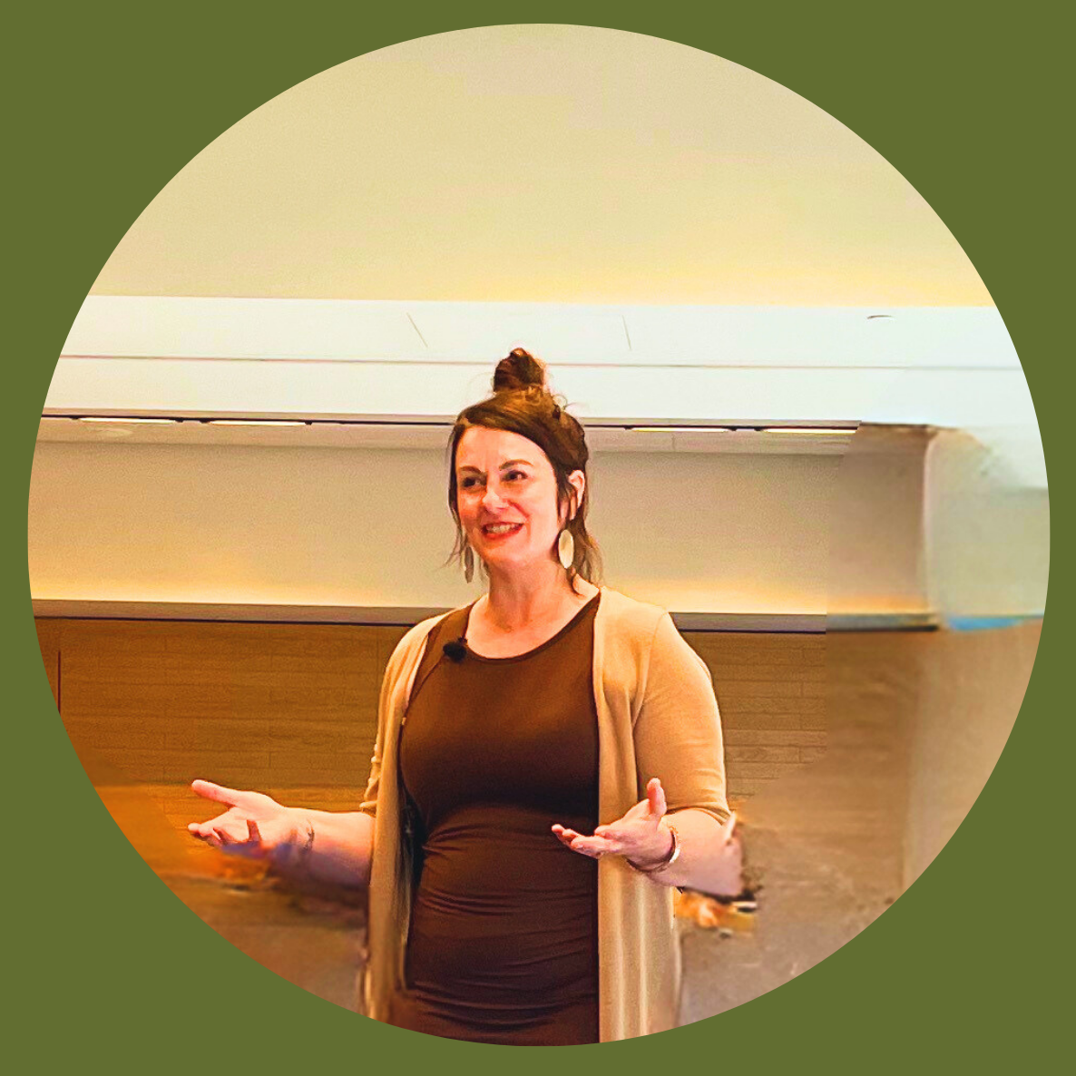 Woman standing with arms outstretched in a circular frame, with text about positive energy and coaching.