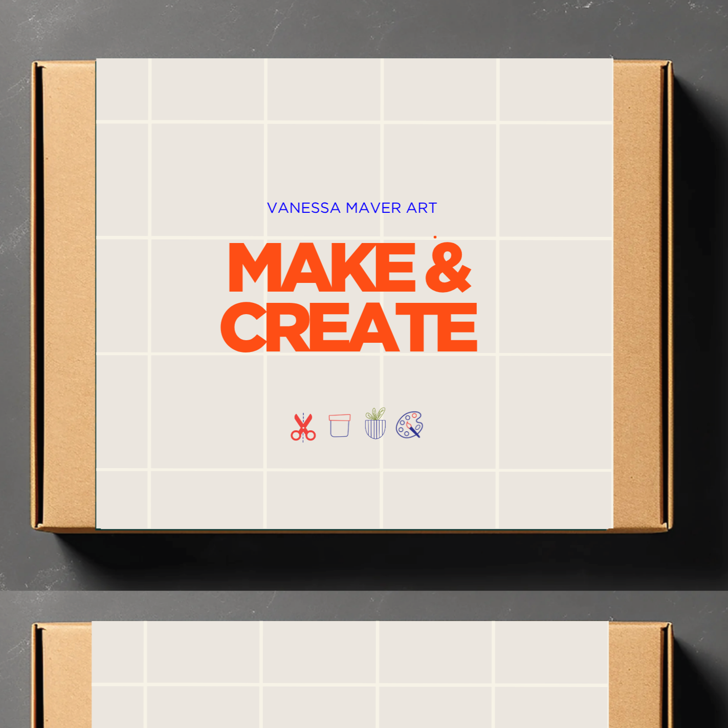 Two cardboard boxes with 'MAKE & CREATE' text on a dark background