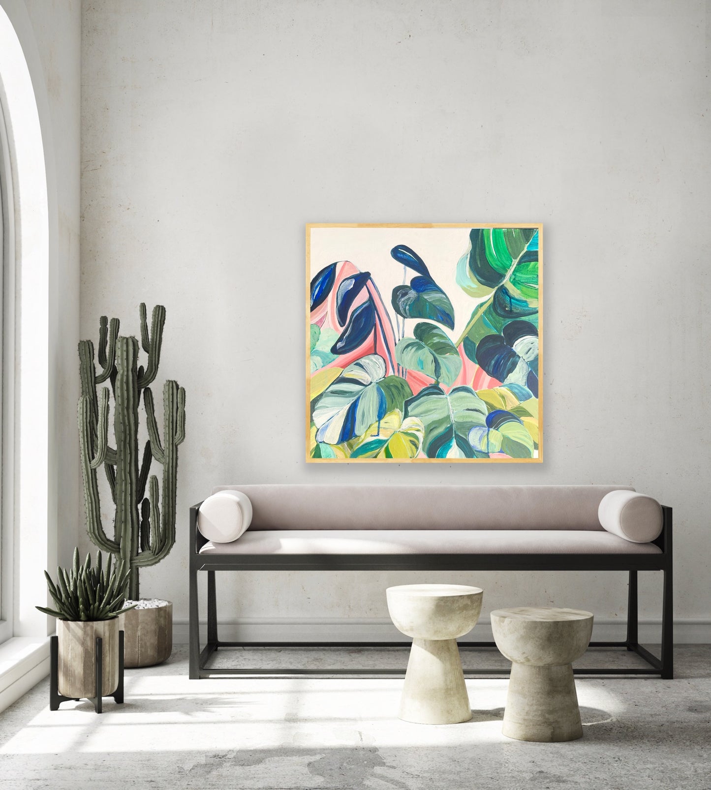 SOMETHING IN THE WATER // Colourful Abstract Botanical framed in raw timber, acrylic on canvas, 50cm x 50cm - By Vanessa McMahon-Maver