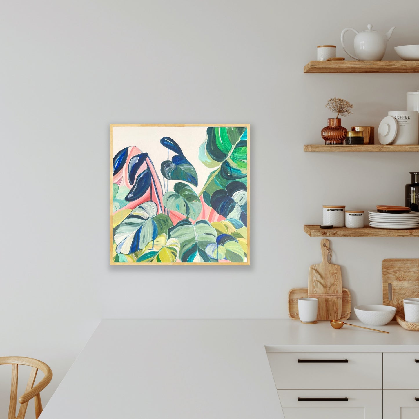 SOMETHING IN THE WATER // Colourful Abstract Botanical framed in raw timber, acrylic on canvas, 50cm x 50cm - By Vanessa McMahon-Maver