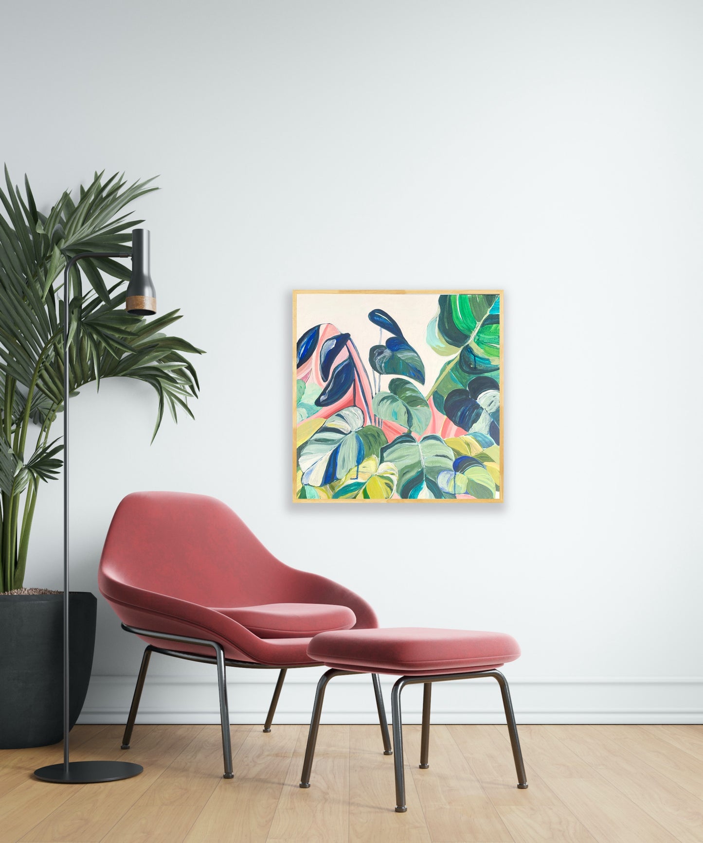 SOMETHING IN THE WATER // Colourful Abstract Botanical framed in raw timber, acrylic on canvas, 50cm x 50cm - By Vanessa McMahon-Maver