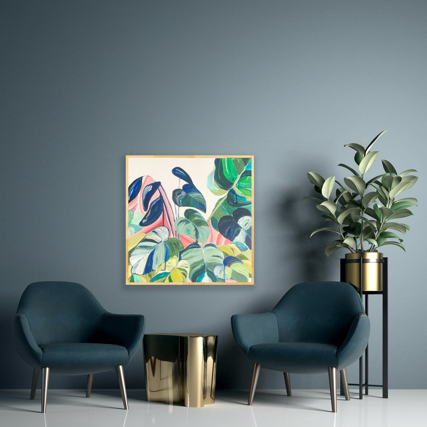 SOMETHING IN THE WATER // Colourful Abstract Botanical framed in raw timber, acrylic on canvas, 50cm x 50cm - By Vanessa McMahon-Maver