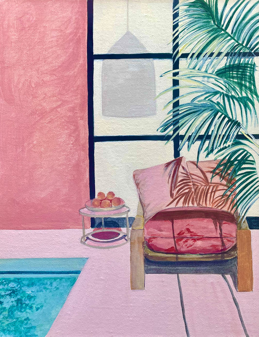 WORKING FROM HOME // colourful interior painting, acrylic on canvas, oak frame, 38cm(h)x28cm(w) by Vanessa McMahon-Maver