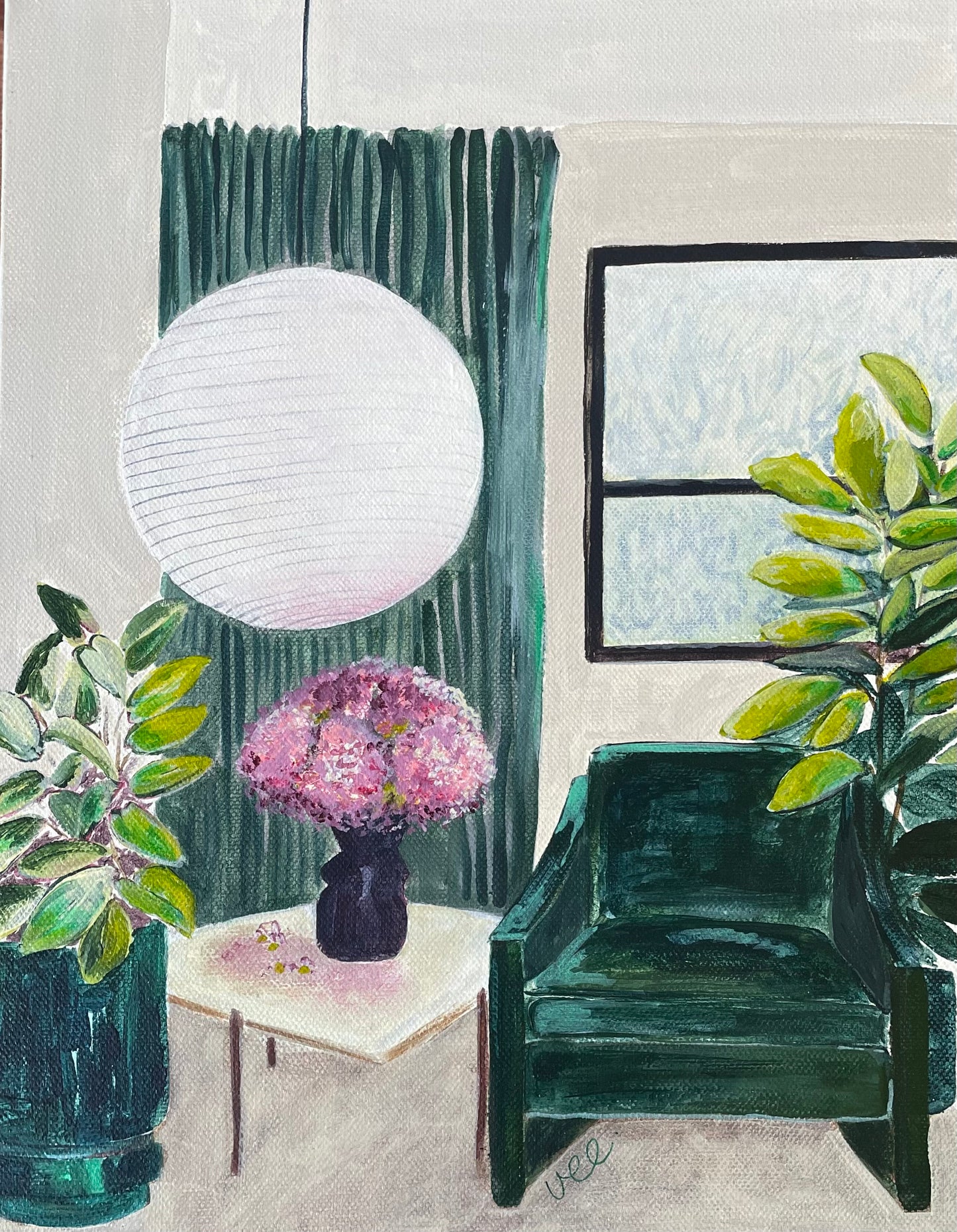 GREEN WITH ENVY // Lush interior painting, acrylic on canvas, black frame, 38cmx30cm By Vanessa McMahon-Maver