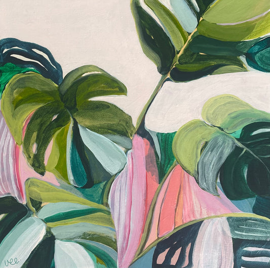 SILVER LINING // Colourful botanical abstract original artwork acrylic on canvas, framed in raw timber, 30cm x 30cm by Vanesa McMahon-Maver