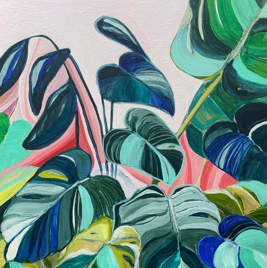SOMETHING IN THE WATER // Colourful Abstract Botanical framed in raw timber, acrylic on canvas, 50cm x 50cm - By Vanessa McMahon-Maver