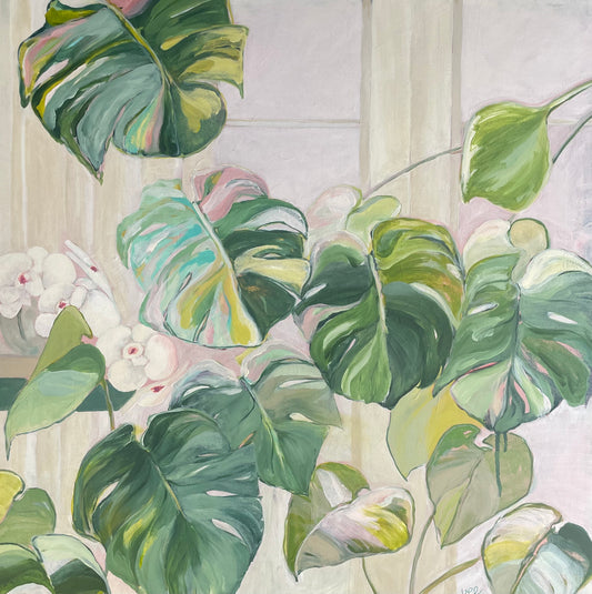 Abstract Botanical, The Huddle, acrylic on canvas, raw timber frame, 60cm(h)x60cm(w) By Vanessa McMahon-Maver