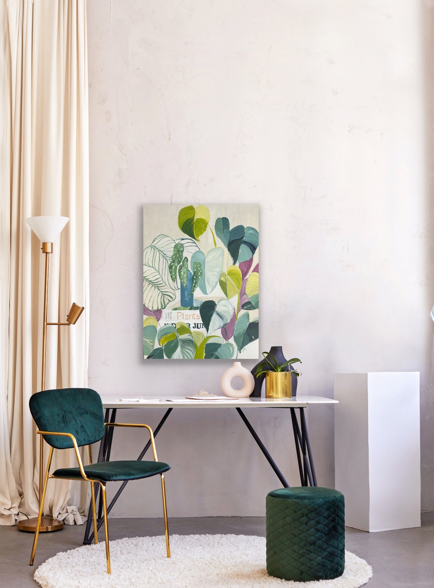 Lush botanical abstract painting on wood panel, I knew you were trouble, acrylic on wooden panel, 41x31 by Vanessa McMahon-Maver