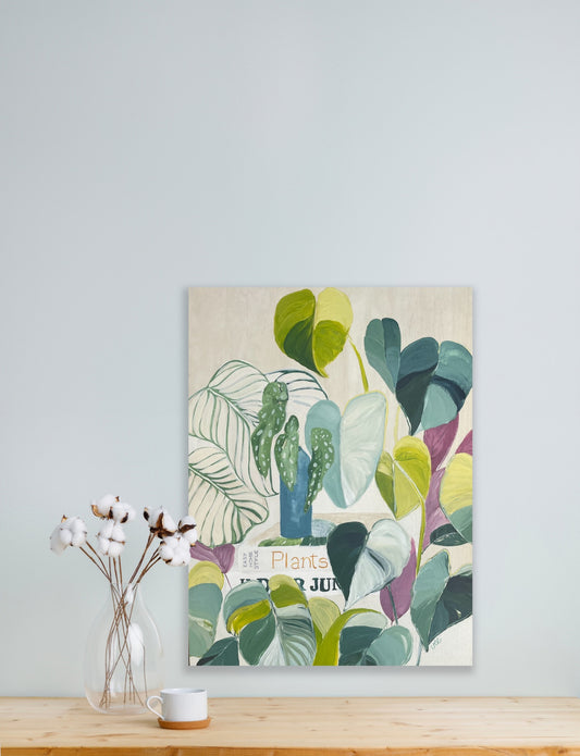 Lush botanical abstract painting on wood panel, I knew you were trouble, acrylic on wooden panel, 41x31 by Vanessa McMahon-Maver