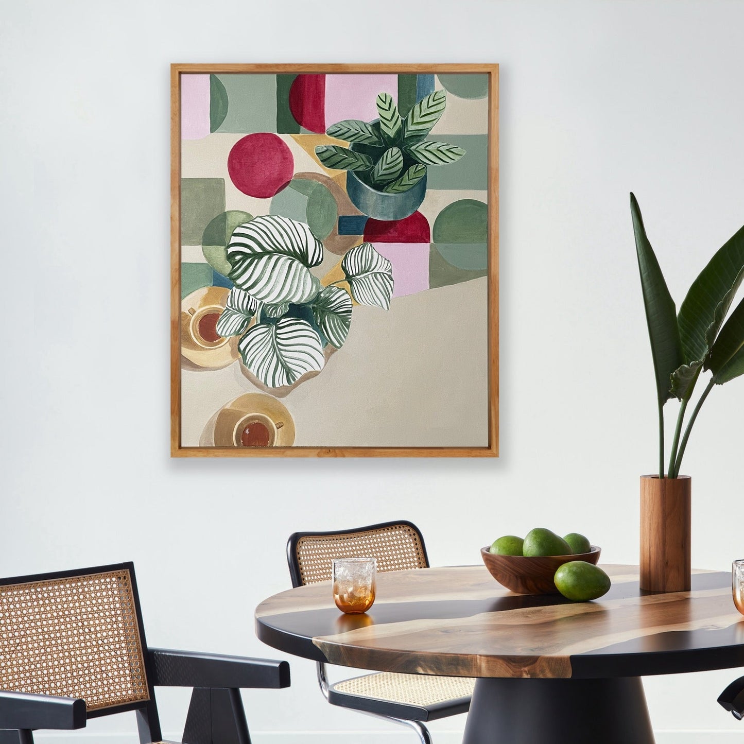 SOMEBODY THAT I USE TO KNOW Original still life painting, mid century style, framed in raw timber, 54cm x 64cm, By Vanessa McMahon-Maver
