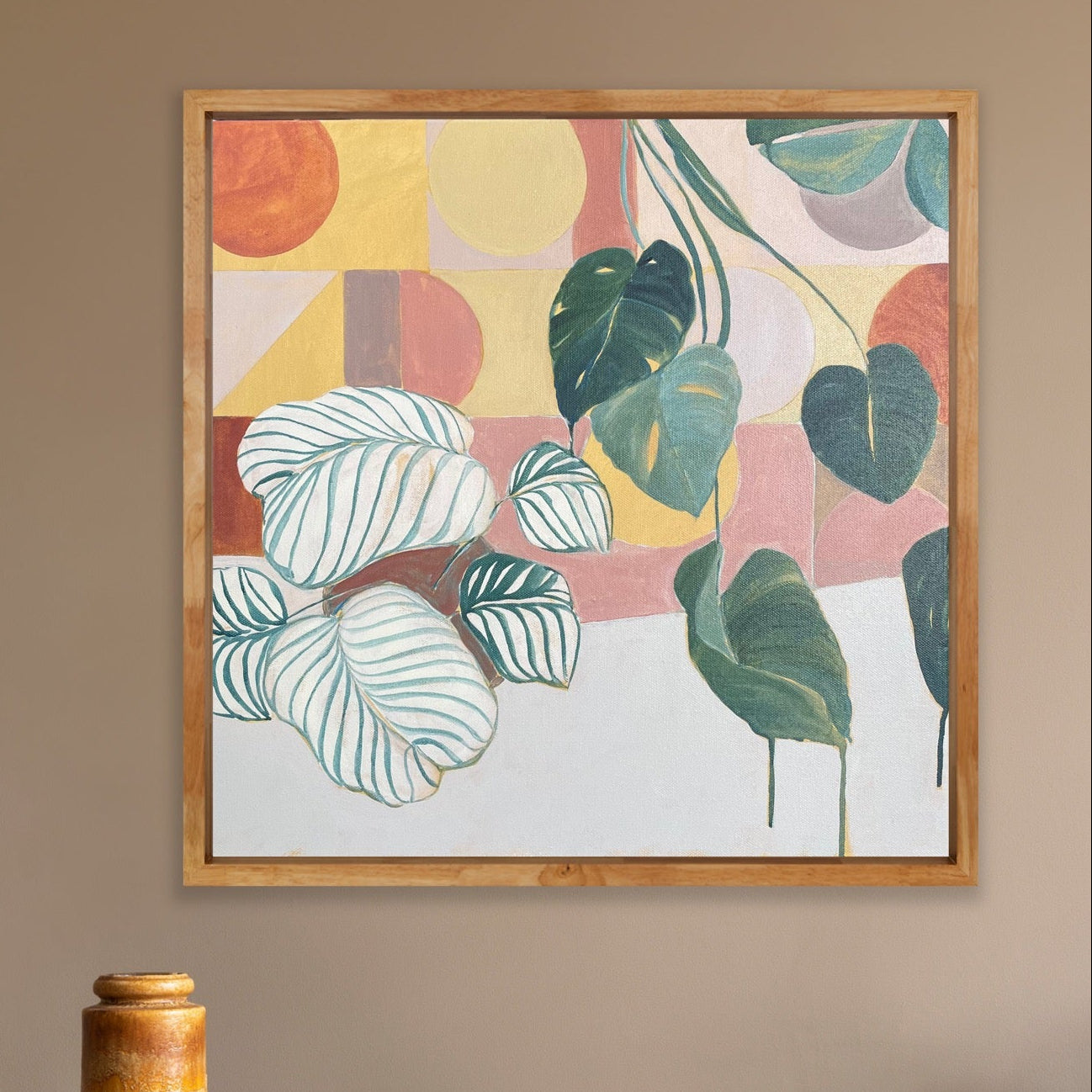 KEEPING UP APPEARANCES Original mid century style painting, framed in raw timber 51cm x 51cm, by Vanessa McMahon-Maver