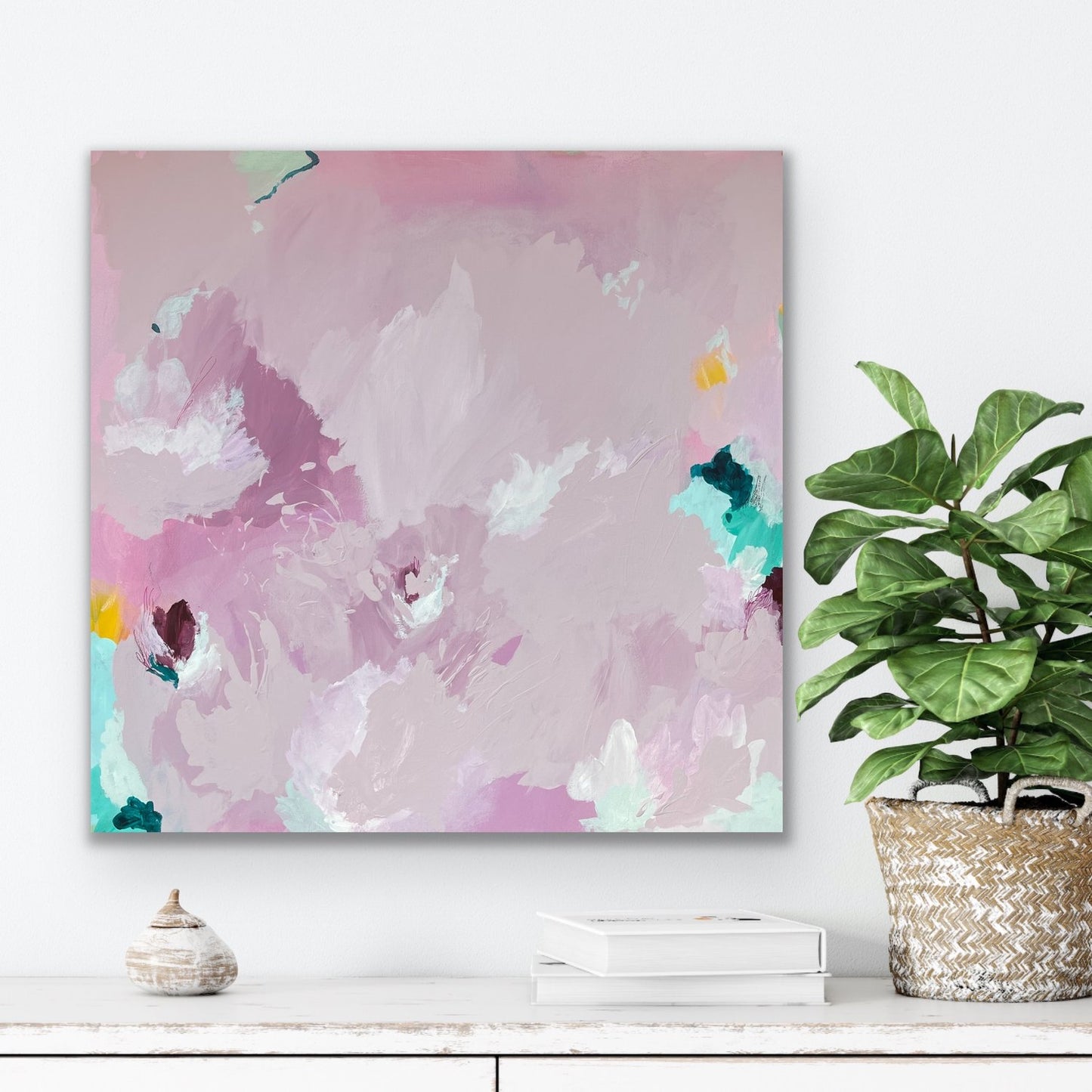 A Whisper in Pink, original painting, framed in raw timber, 65cm x 65cm, Vanessa Maver