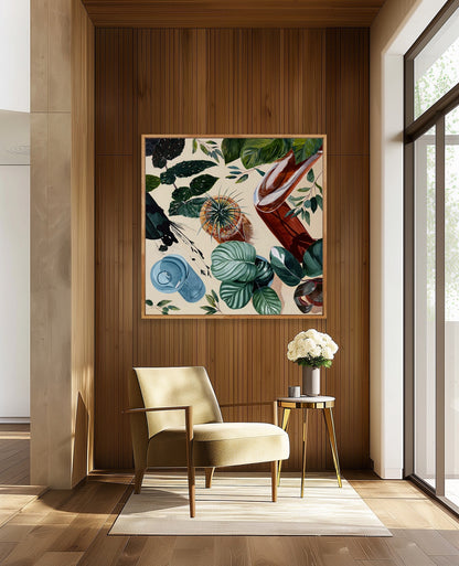 Afternoon Tipple, botanical still life, framed in raw oak 80cm x 80cm