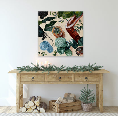 Afternoon Tipple, botanical still life, framed in raw oak 80cm x 80cm