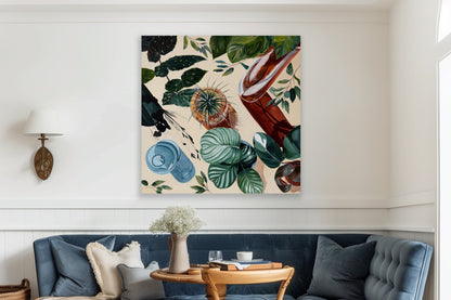 Afternoon Tipple, botanical still life, framed in raw oak 80cm x 80cm