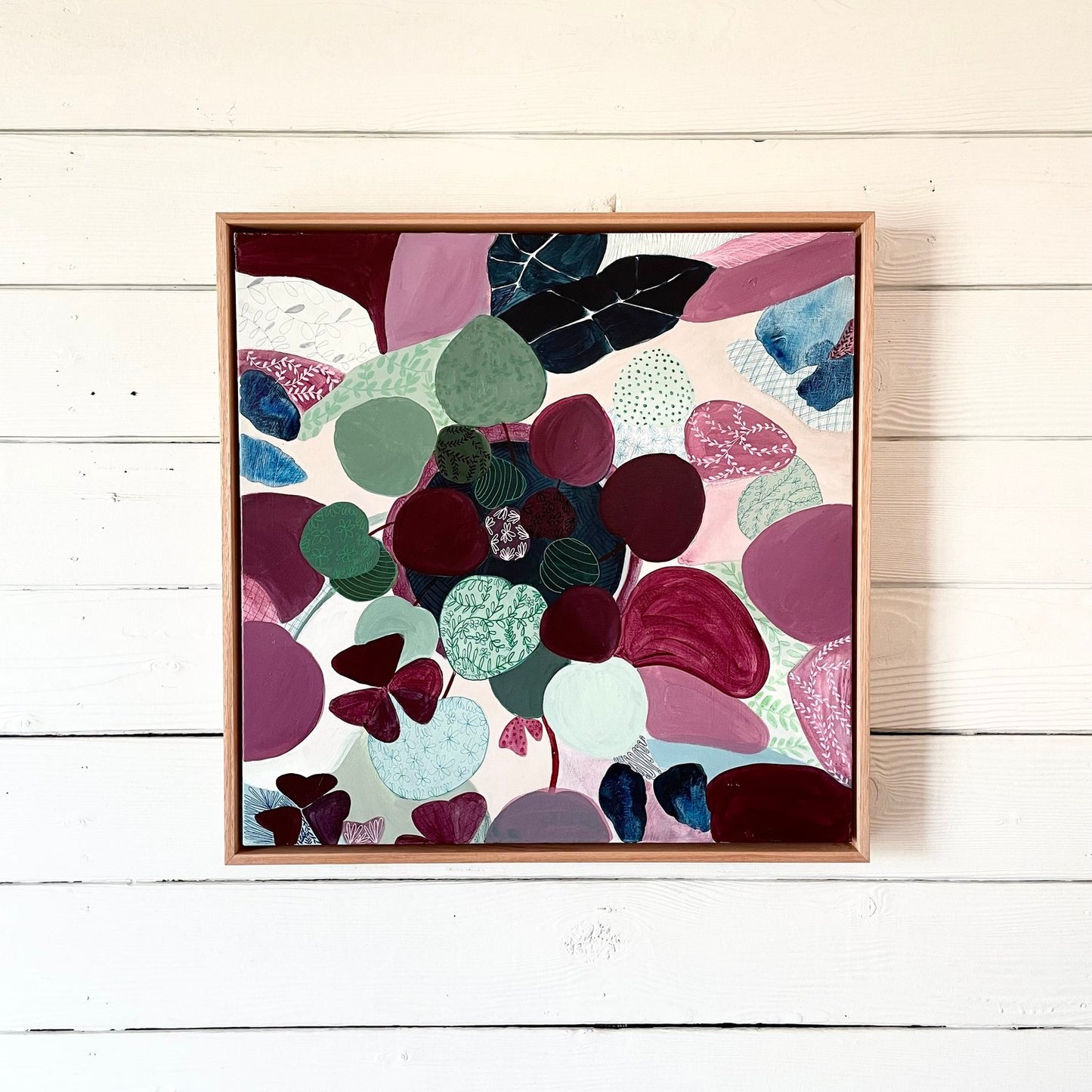 Purple Peperomia, original painting, raw timber frame, 65cm x 65cm, Vanessa Maver