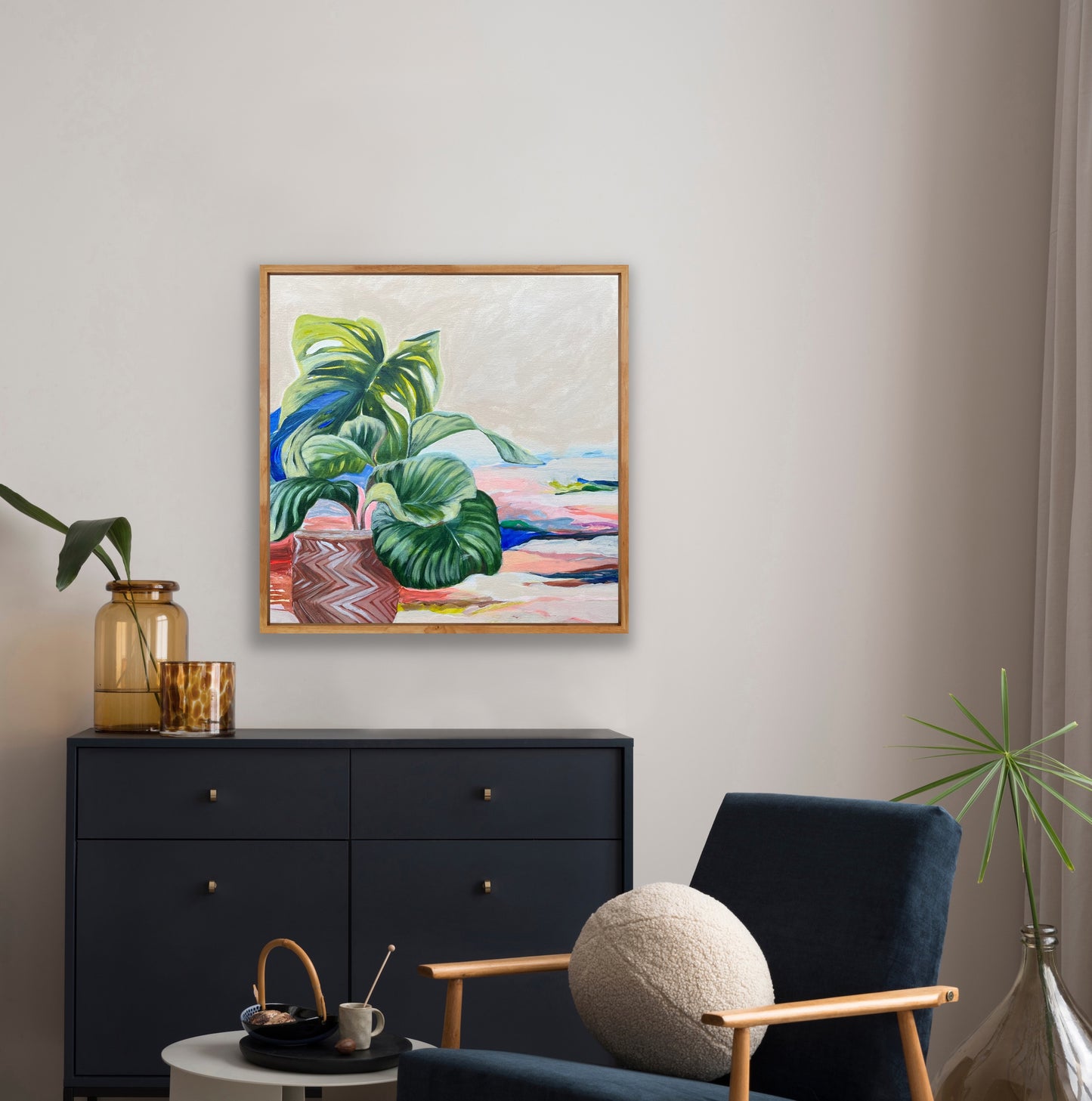 GO SLOWLY Abstract Botanical framed in raw timber, acrylic on canvas, 40cm x 40cm
