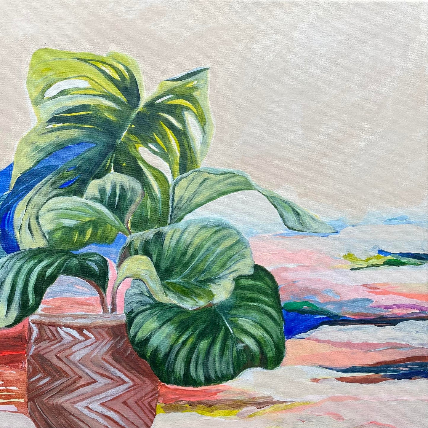 GO SLOWLY Abstract Botanical framed in raw timber, acrylic on canvas, 40cm x 40cm