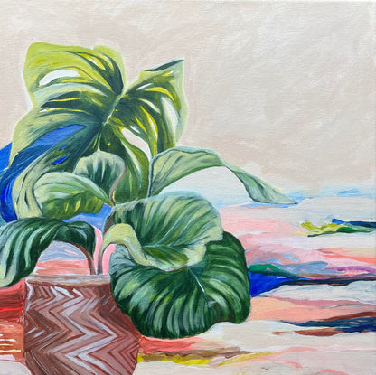 GO SLOWLY Abstract Botanical framed in raw timber, acrylic on canvas, 40cm x 40cm