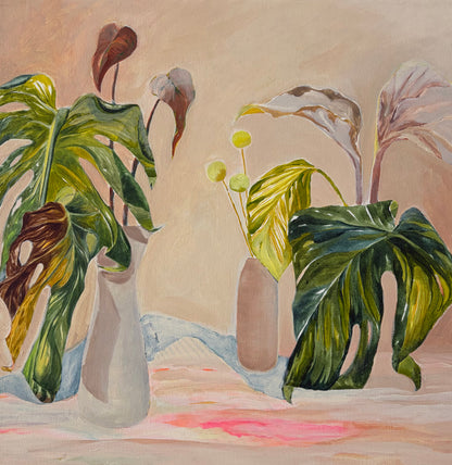 EVERYTHING IN IT'S RIGHT PLACE Abstract Botanical framed in raw timber, acrylic on canvas, 40cm x 40cm