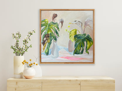 EVERYTHING IN IT'S RIGHT PLACE Abstract Botanical framed in raw timber, acrylic on canvas, 40cm x 40cm