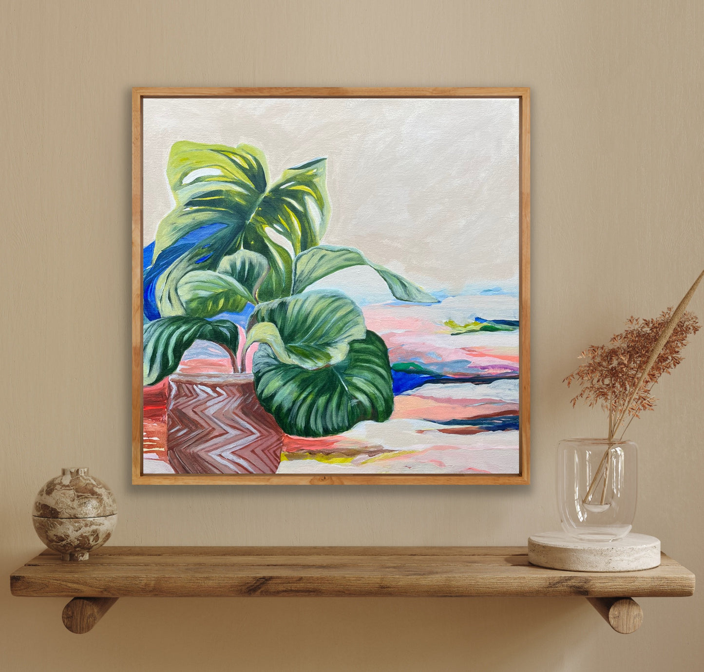 GO SLOWLY Abstract Botanical framed in raw timber, acrylic on canvas, 40cm x 40cm