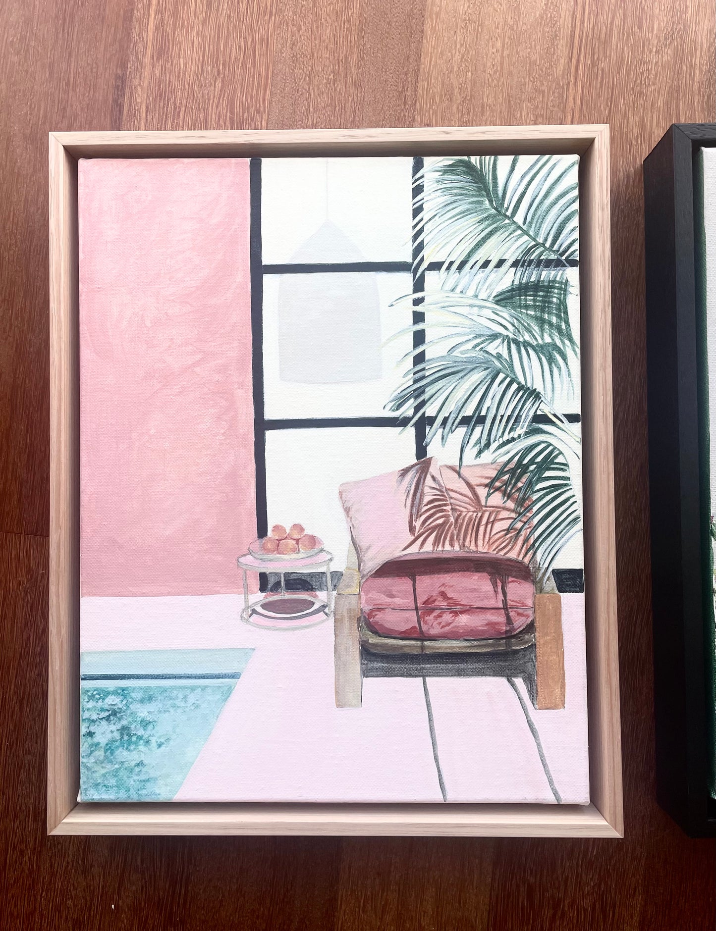 Working From Home, acrylic on canvas, oak frame, 38cm(h)x28cm(w)