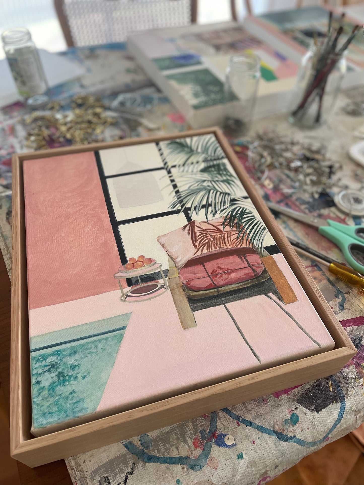 Working From Home, acrylic on canvas, oak frame, 38cm(h)x28cm(w)