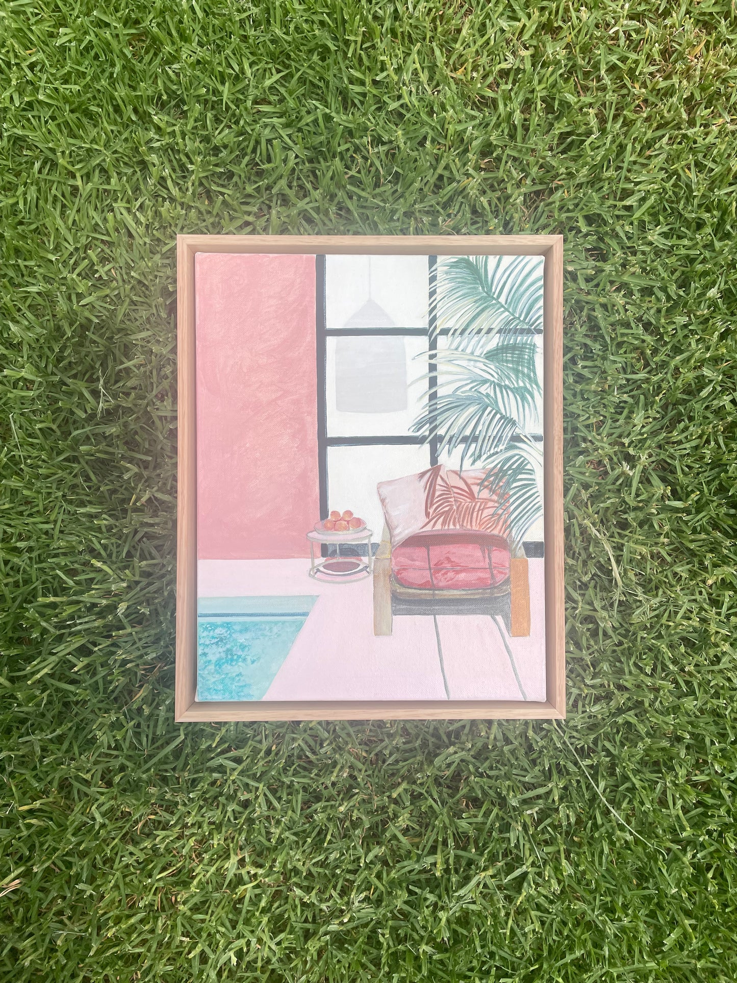 Working From Home, acrylic on canvas, oak frame, 38cm(h)x28cm(w)