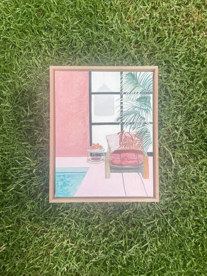 Working From Home, acrylic on canvas, oak frame, 38cm(h)x28cm(w)