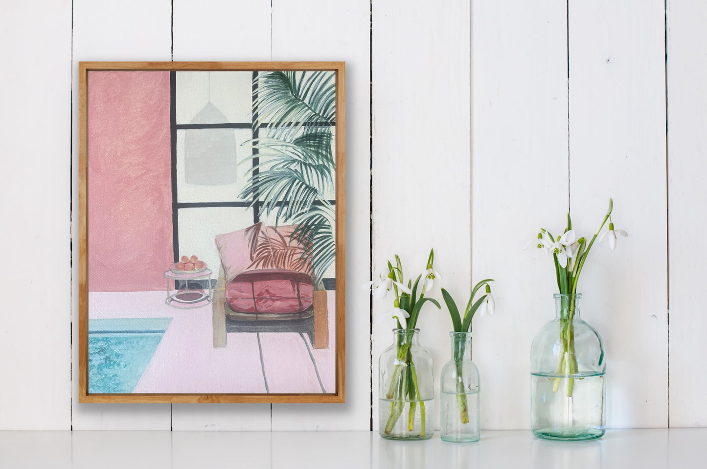 Working From Home, acrylic on canvas, oak frame, 38cm(h)x28cm(w)