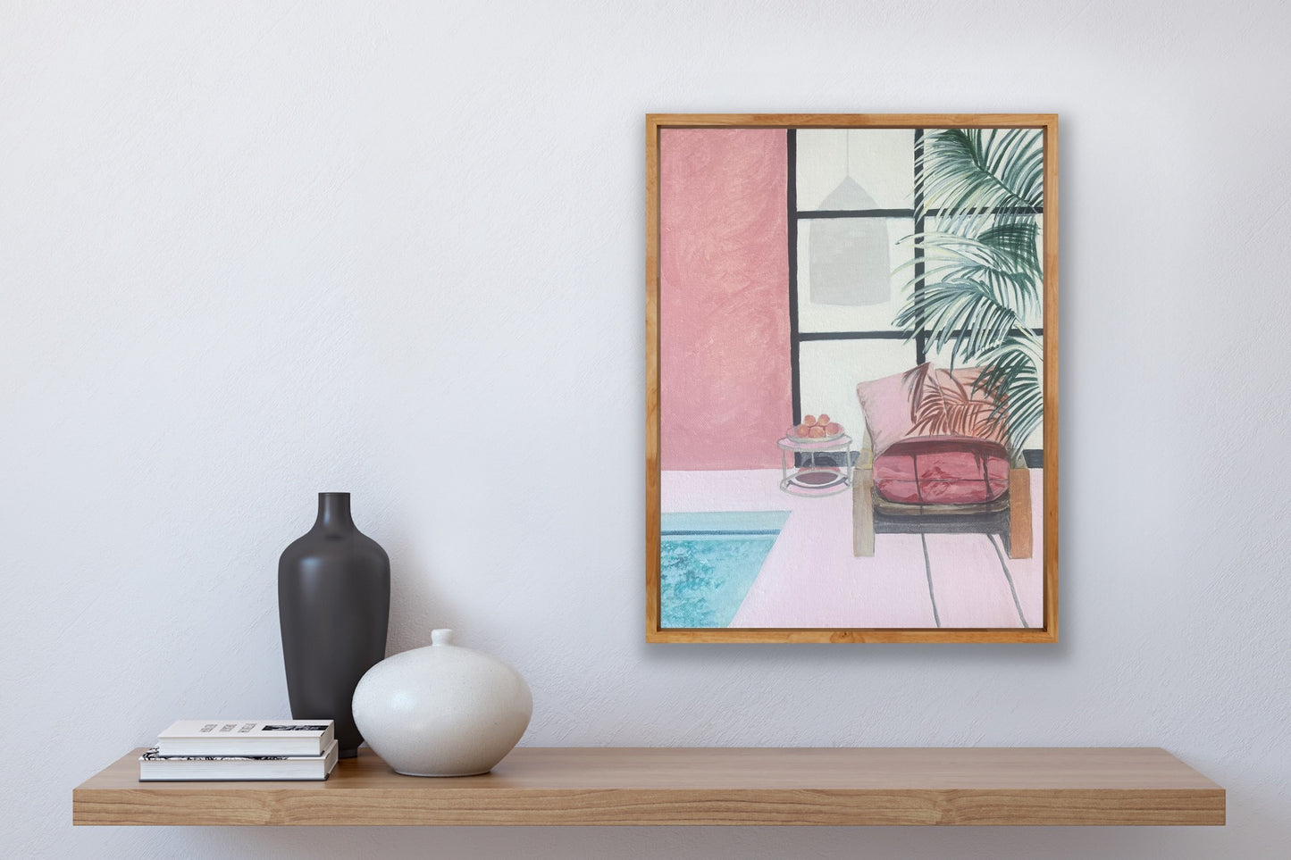 Working From Home, acrylic on canvas, oak frame, 38cm(h)x28cm(w)