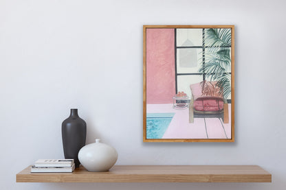 Working From Home, acrylic on canvas, oak frame, 38cm(h)x28cm(w)