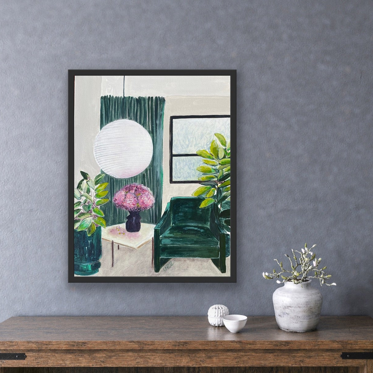 GREEN WITH ENVY Interior Painting, acrylic on canvas, black frame, 38cmx30cm