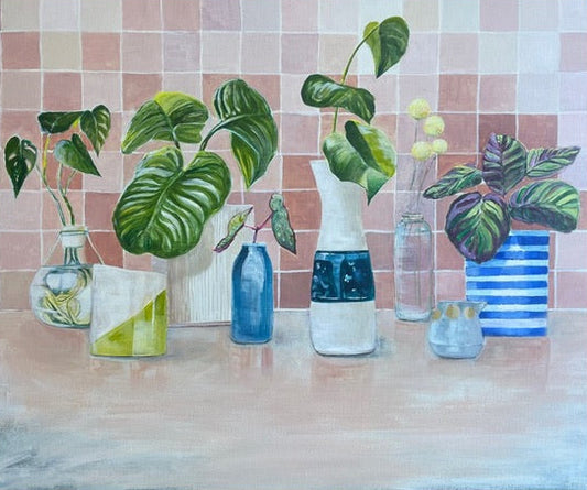 THE USUAL SUSPECTS still life original acrylic on canvas, unframed 60cm x70cm