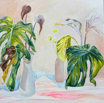 EVERYTHING IN IT'S RIGHT PLACE Abstract Botanical framed in raw timber, acrylic on canvas, 40cm x 40cm